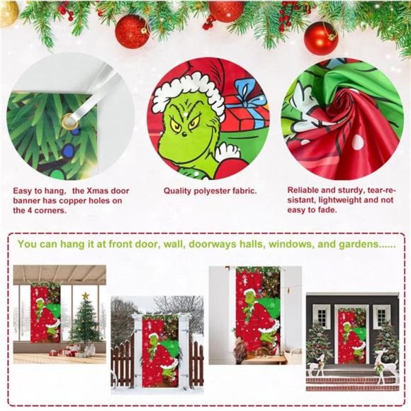 Cover Door Christmas Backdrop for Front Door Decor Party Supplies 70.8x35.4Inch - Picture 5 of 6